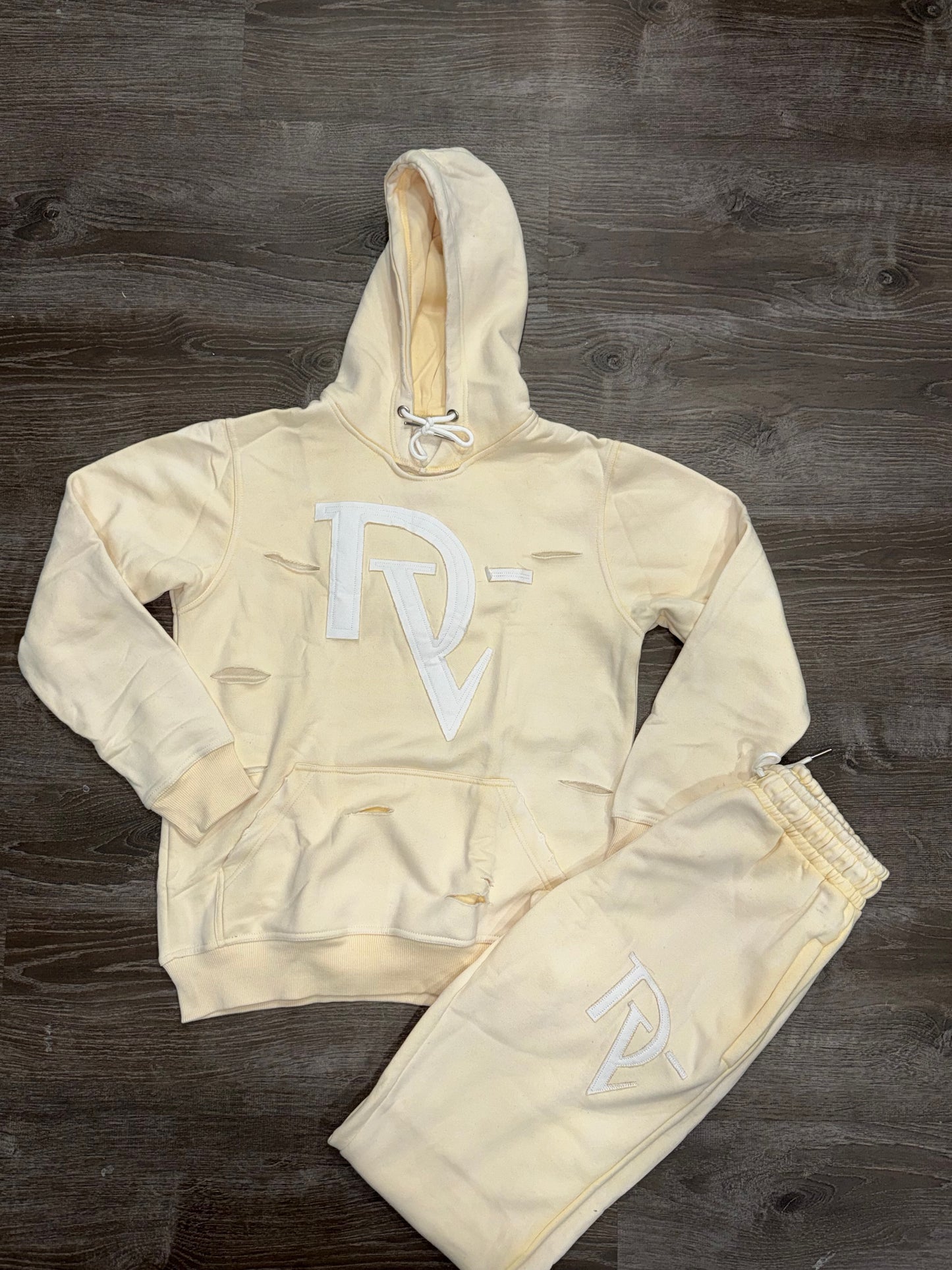 Crème distressed acid wash sweatsuit