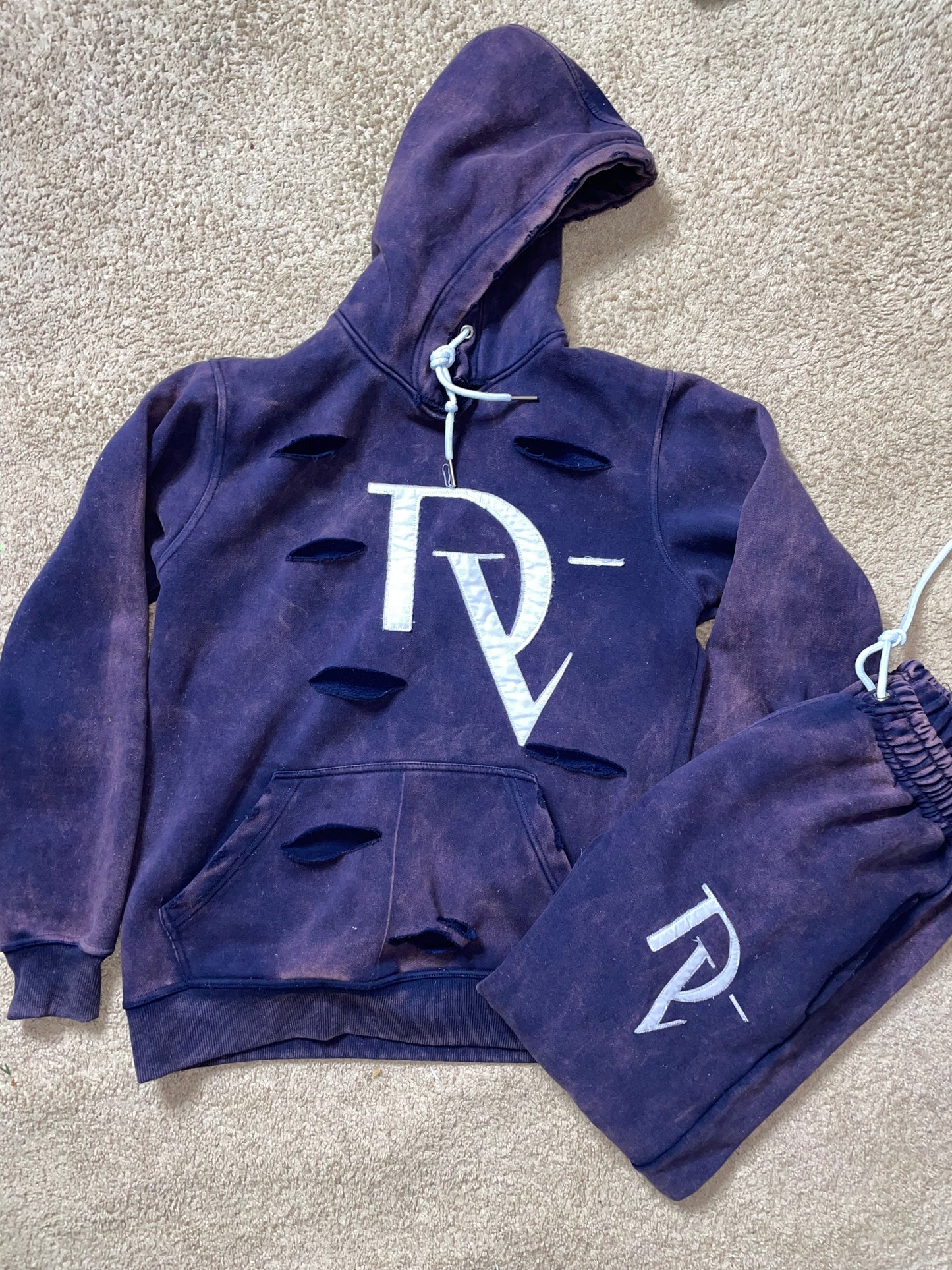 Purple distressed acid wash sweatsuit